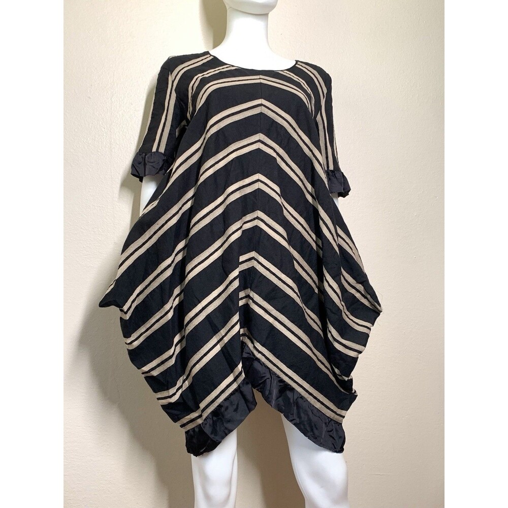 Hache Linen Cotton Dress 38 US XS Stripe Black Beige Short Sleeve Lagenlook